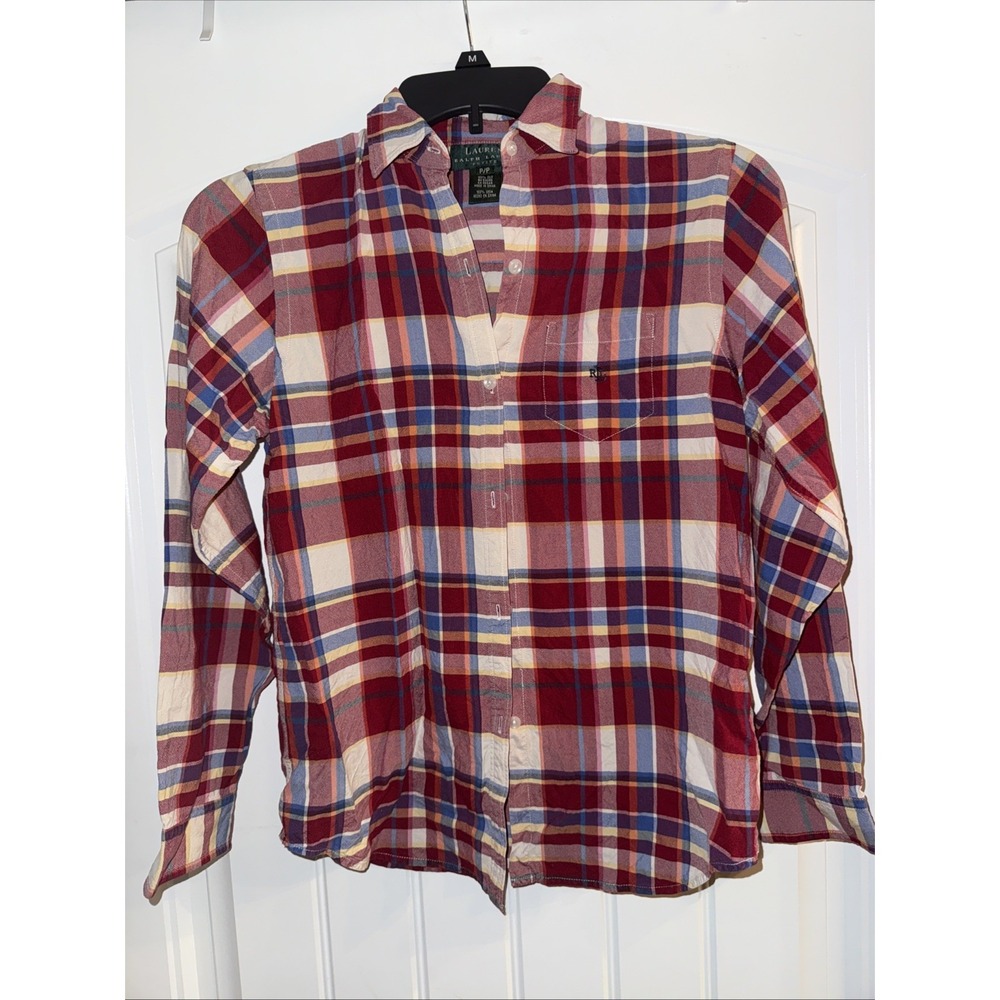 Ralph Lauren Plaid Button Up Long Steve Women's Petite S Red Blue